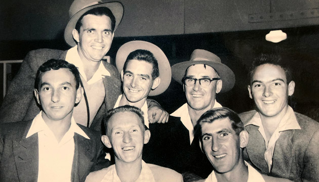 (back row l-r) Geoff Smith, Harold Anderson, Claude Anderson, Noel Townsend with (front row) David Goldberg, Colin Woodbridge and Fred Gascoigne;