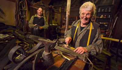 Harness makers Greg Cassidy and Colin Rowe in their workshop at Sovereign Hill.